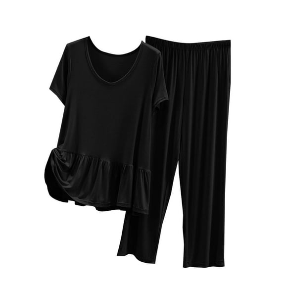 Diufon Womens Loungewear Sets Ruffle Round Neck Short Sleeve Tops Elastic Waist Capris Pants Pjs Sets