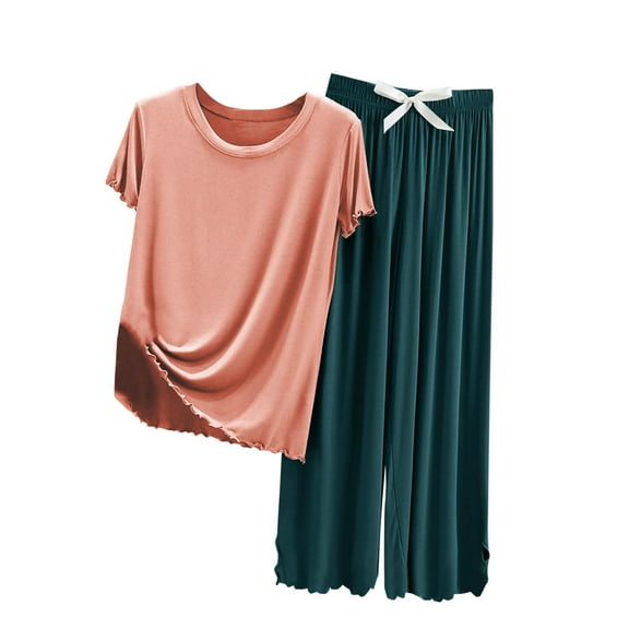 Diufon Womens Loungewear Sets Ruffle Round Neck Short Sleeve Tops Elastic Waist Pants Pjs Sets