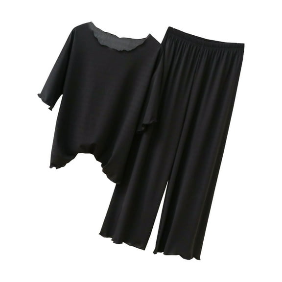 Diufon Womens Loungewear Sets Ruffle Round Neck Short Sleeve Tops Elastic Waist Pants Pjs Sets