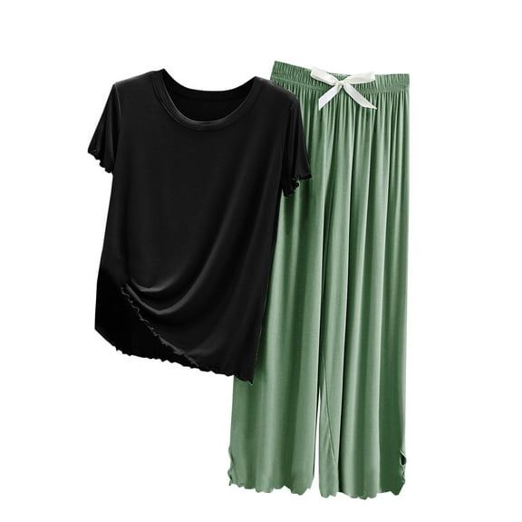 Diufon Womens Loungewear Sets Ruffle Round Neck Short Sleeve Tops Elastic Waist Pants Pjs Sets