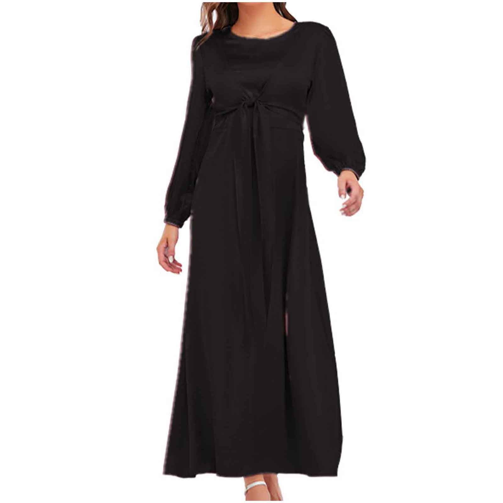 Diufon Womens Maxi Dresses Solid Color Lace-Up Waist Dress Round Neck Long  Sleeve Dress - Walmart.com