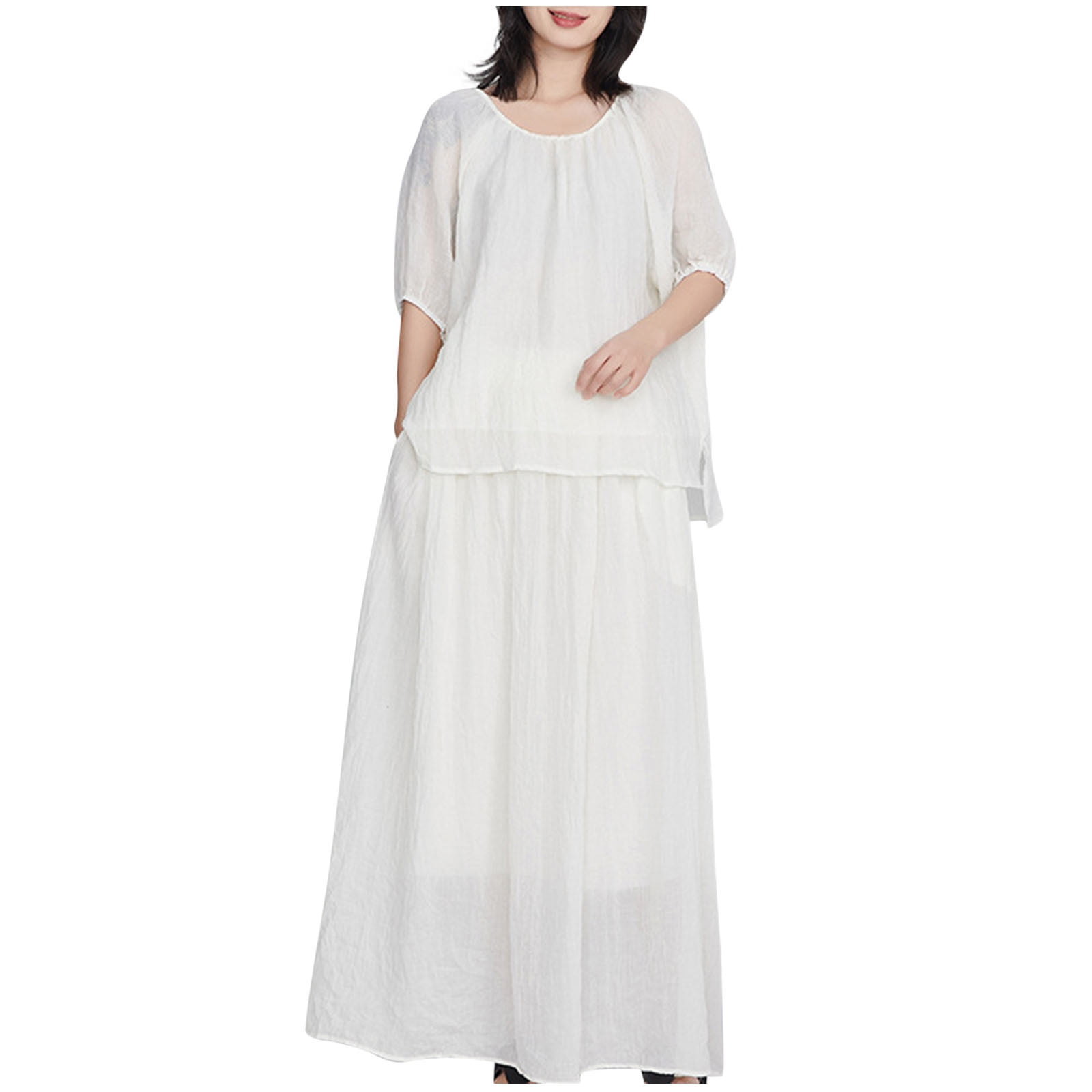 Diufon Womens Maxi Dresses Summer Casual Solid Color Dress Round Neck ...