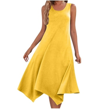 Diufon Womens Maxi Dresses Summer Solid Color Irregular Hem Dress Round Neck Sleeveless Dress