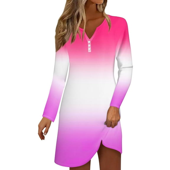 Diufon Womens Midi Dresses Casual V Neck Button Long Sleeve Dress Trendy Gradient Printed Dress