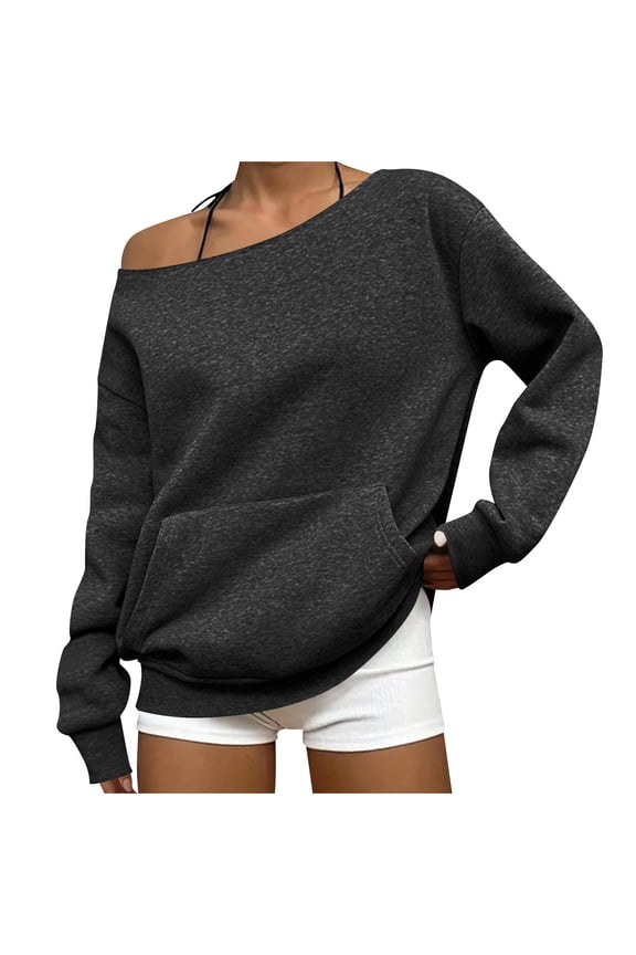 Womens Off The Shoulder Long Sleeve Tops with Pocket Fall Fashion Pullover Plus Size Loose Tunics Blouse