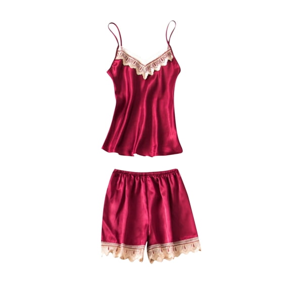 Diufon Womens Pajama Sets Lace Patchwork V Neck Sleeveless Tops Elastic Waist Shorts Loungewear Set
