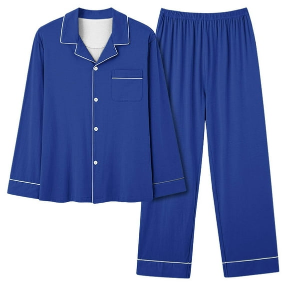 Diufon Womens Pajamas Suits Solid Color Lapel Button down Shirt Stretch Elastic Waist Loose Loungewear Pant (X-Large, Dark Blue)