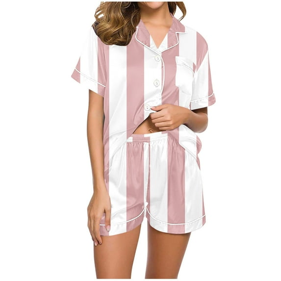 Diufon Womens Pjs Sets Lapel Button Short Sleeve Shirts Stripe Printed Elastic Waist Shorts Sets