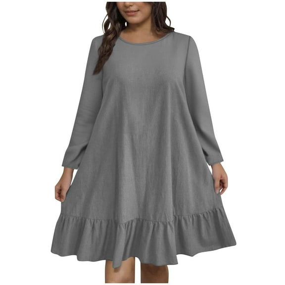 Diufon Womens Plus Size A-Line Dress Ruffle Hem Knee Length Dress Fall Casual Long Sleeve Crewneck Cute Dresses