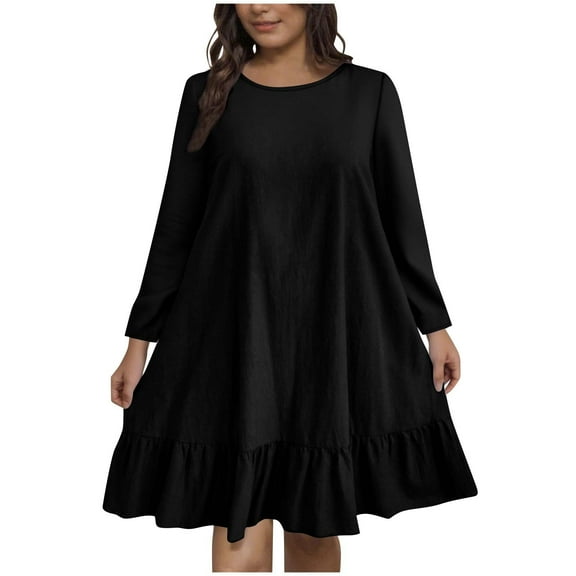 Diufon Womens Plus Size A-Line Dress Ruffle Hem Knee Length Dress Fall Casual Long Sleeve Crewneck Cute Dresses