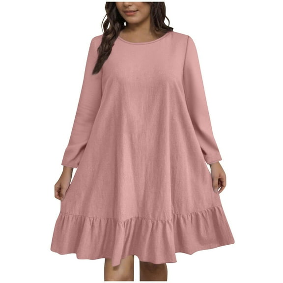 Diufon Womens Plus Size A-Line Dress Ruffle Hem Knee Length Dress Fall Casual Long Sleeve Crewneck Cute Dresses