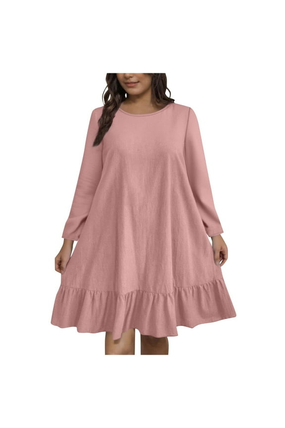 Womens Plus Size A-Line Dress Ruffle Hem Knee Length Dress Fall Casual Long Sleeve Crewneck Cute Dresses