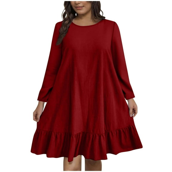 Diufon Womens Plus Size A-Line Dress Ruffle Hem Knee Length Dress Fall Casual Long Sleeve Crewneck Cute Dresses