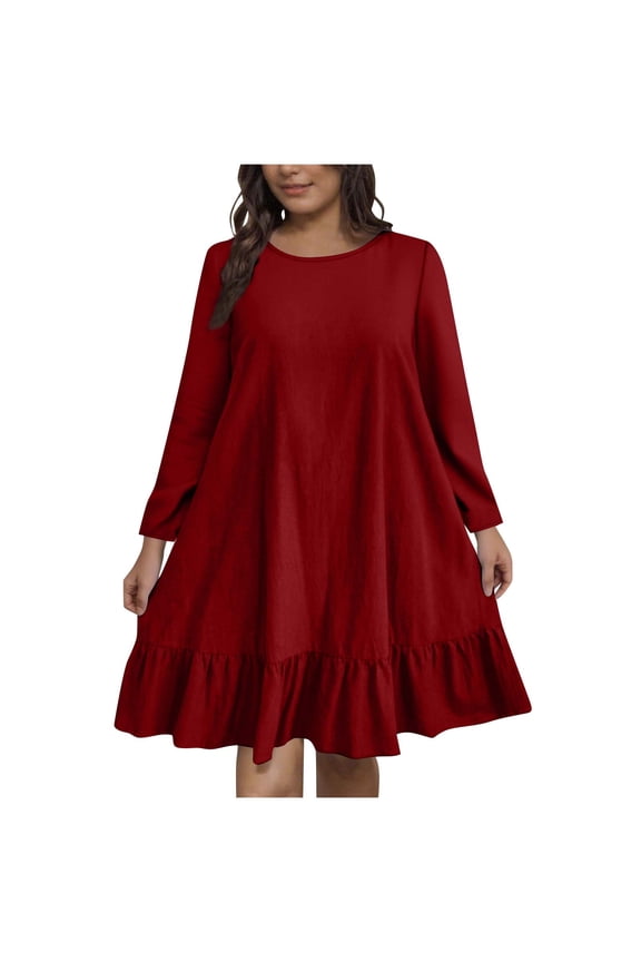 Womens Plus Size A-Line Dress Ruffle Hem Knee Length Dress Fall Casual Long Sleeve Crewneck Cute Dresses
