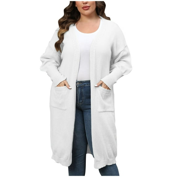 Cardigan Sweaters for Women Plus Size Cotton Solid Color Long Jackets Long Sleeve Coats with Pockets