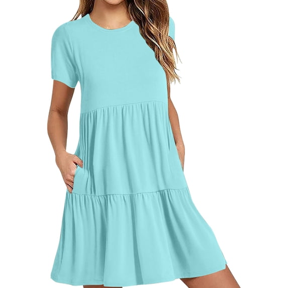 Diufon Womens Plus Size Dresses Solid Color Dress Round Neck Short Sleeve Midi Dress with Pockets