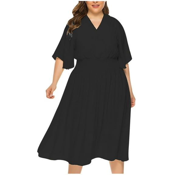 Diufon Womens Plus Size Dresses V Neck Half Sleeve Midi Dress Solid Color Waisted Dress