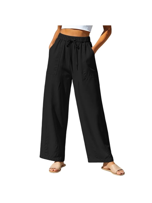 Womens Plus Size Pants Drawstring Waist Wide Leg Loose Trousers with Pockets Palazzo Bottoms for Travel & Outdoor