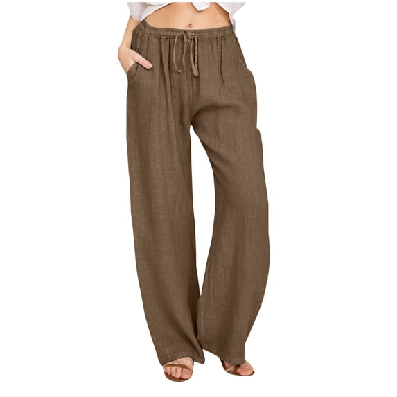 Diufon Womens Plus Size Pants Elastic Waist Drawstring Lounge Pants Cotton Linen Trousers with Pockets