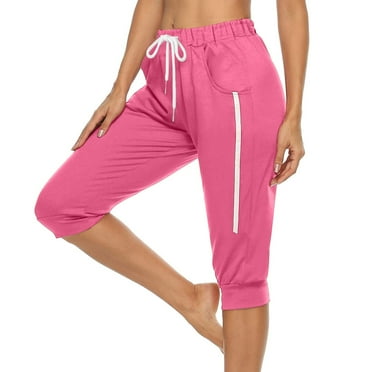Diufon Womens Plus Size Pants Elastic Waist Drawstring Pants Solid Color Half Length Lounge Pants