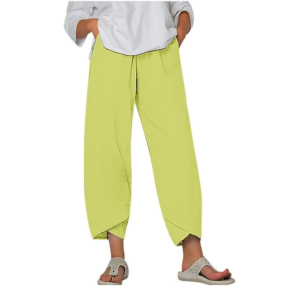 Diufon Womens Plus Size Pants Solid Color Wide Leg Pants Casual Linen Capris Pants with Pockets