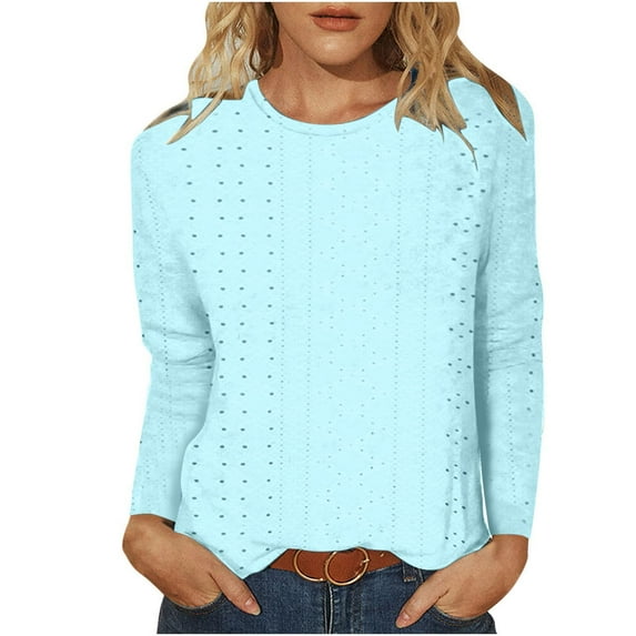 Diufon Womens Plus Size Pullover Tops Round Neck Long Sleeve Blouses Casual Solid Color Tees