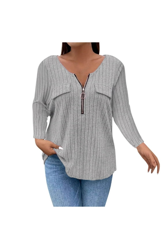Womens Plus Size Sweaters 3/4 Sleeve Zip-up V Neck Ribbed Knit Tops Solid Color Casual Work Blouses