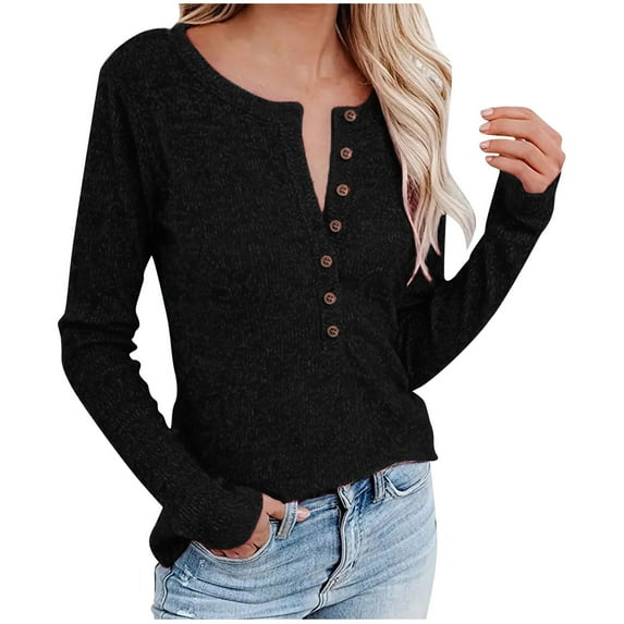 Diufon Womens Plus Size Sweaters V Neck Button Long Sleeve Blouses Solid Color Pullover Tops