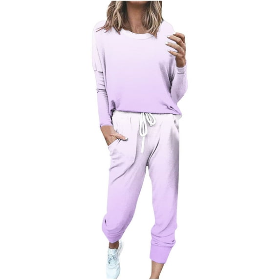 Diufon Womens Plus Size Sweatsets Gradient Printed Long Sleeve Tops Drawstring Pants with Pockets