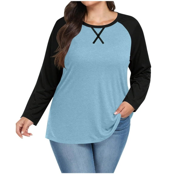 Diufon Plus Size Long Sleeve Tops for Women Fall Fashion Color Block Crewneck Top Casual Loose Basic Shirts