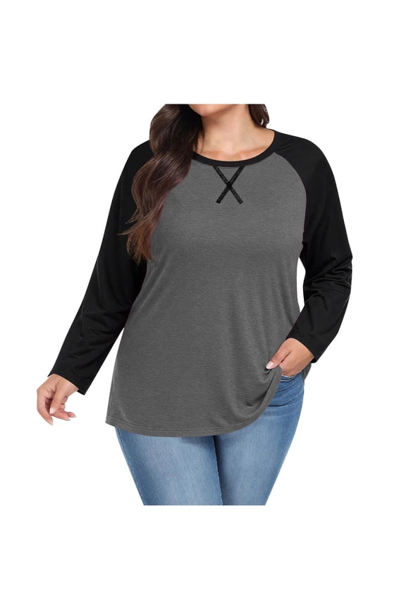 Plus Size Long Sleeve Tops for Women Fall Fashion Color Block Crewneck Top Casual Loose Basic Shirts
