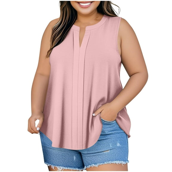 Diufon Womens Plus Size Tank Tops Dressy Casual Sleeveless Shirts Summer V Neck Blouses Loose Pleated Tees