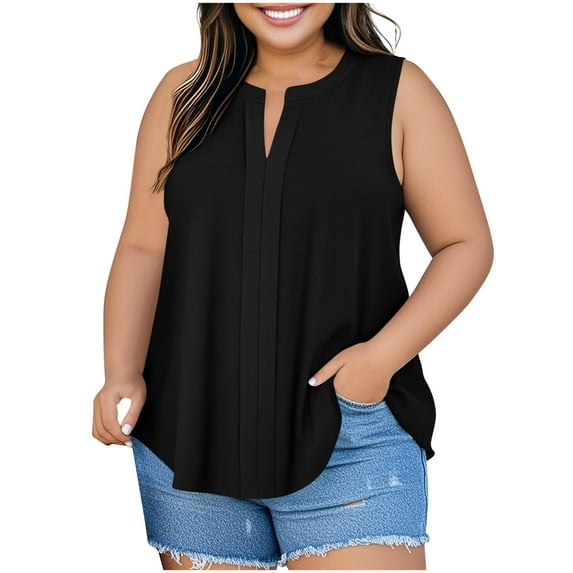 Diufon Womens Plus Size Tank Tops Dressy Casual Sleeveless Shirts Summer V Neck Blouses Loose Pleated Tees
