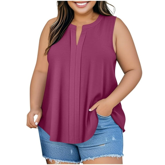 Diufon Womens Plus Size Tank Tops Dressy Casual Sleeveless Shirts Summer V Neck Blouses Loose Pleated Tees