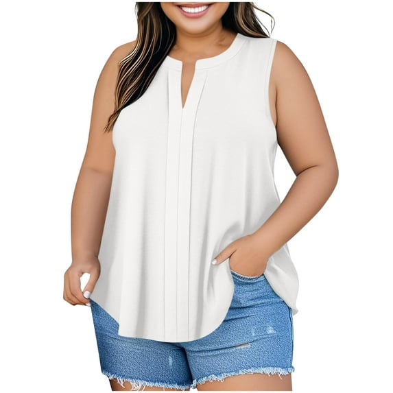 Diufon Womens Plus Size Tank Tops Dressy Casual Sleeveless Shirts Summer V Neck Blouses Loose Pleated Tees