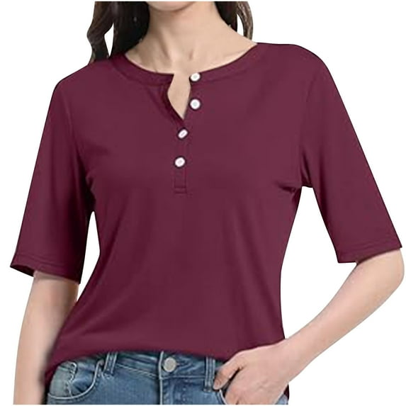 Diufon Womens Plus Size Tees Summer Casual Solid Color Tops V Neck Short Sleeve Button T-Shirts