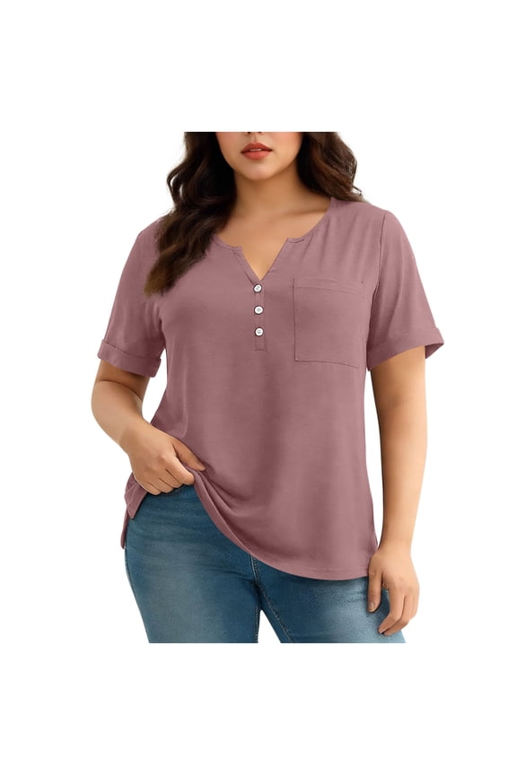 Womens Plus Size Tops Short Sleeve V Neck Button Basic Tee Shirts Dressy Casual Blouses with Chest Pocket