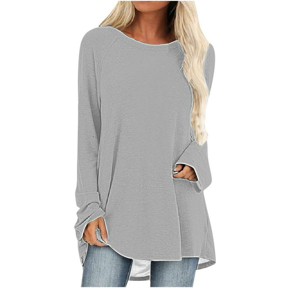 Diufon Womens Plus Size Tunics Fall Casual Solid Color Blouses Round Neck Long Sleeve Tops