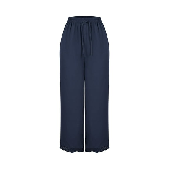 Diufon Womens Plus Size Wide Leg Pants Elastic High Waist Drawstring Pants Lace Patchwork Hem Pants