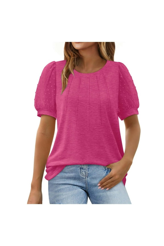 Womens Puff Sleeve Summer Tops Polka Dot Short Sleeve Round Neck Blouse Solid Color Pleated Tshirts