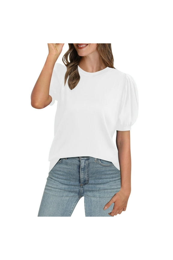 Womens Puff Sleeve Summer Tops Spring Lantern Short Sleeve Crewneck Shirts Trendy Business Basic Blouses