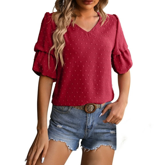 Diufon Womens Puff Sleeve Summer Tunics Chiffon Half Sleeve Polka Dot Tops V Neck Solid Color Blouses