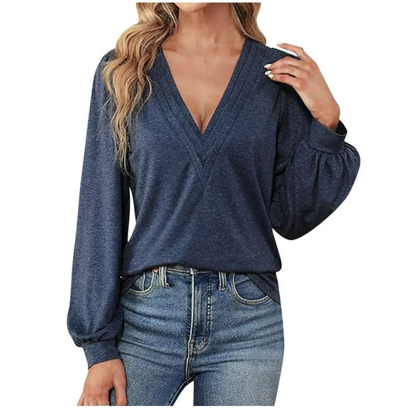 Diufon Womens Pullover Tops Fall Solid Color Casual Loose Blouses V Neck Long Sleeve Tops