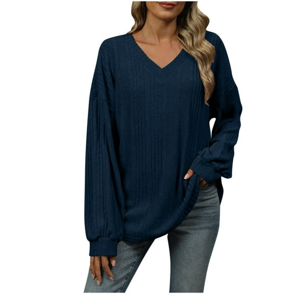 Diufon Womens Pullover Tops V Neck Long Sleeve Blouses Tops Fall Casual Solid Color Tops