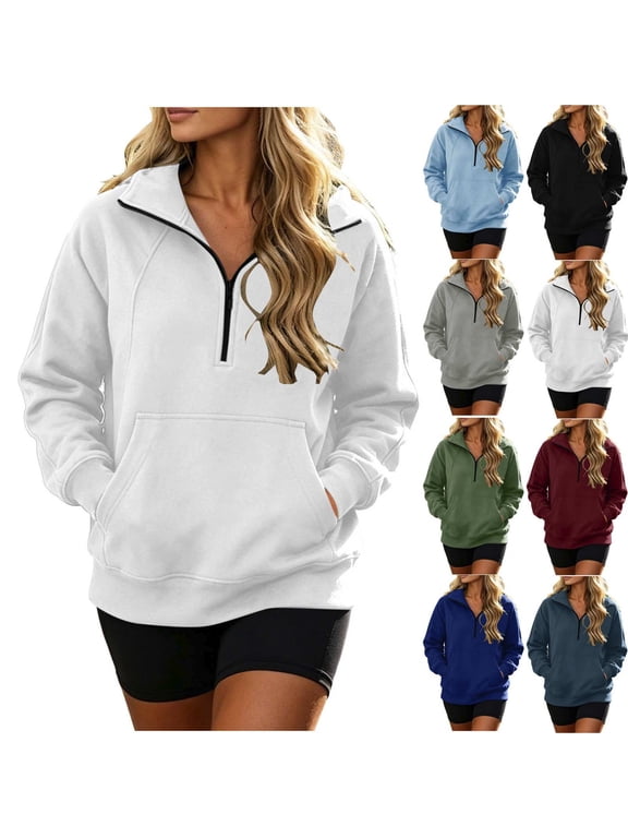 Womens Quarter Zip Pullover Casual Long Sleeve Shirts Half Zip Sweatshirts with Pockets Fall Fashion Clothes