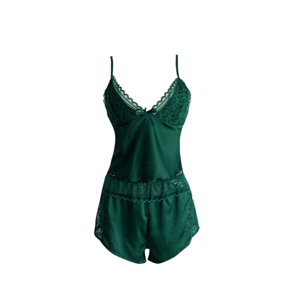 Diufon Womens Satin Pajamas Set Lace Patchwork V Neck Sleeveless Tops Elastic Waist Shorts