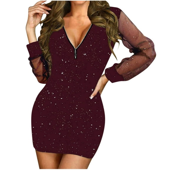 Diufon Womens Sequin Dresses Half Zipper V Neck Long Sleeve Dress Solid Color Mini Dress