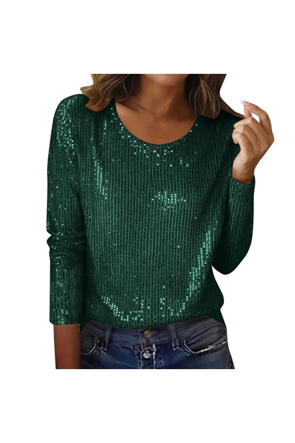 Womens Sequin Tops Long Sleeve Round Neck Loose Sparkly Night Out Tops Glitter Evening Party Wedding Blouse