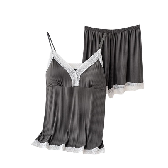 Diufon Womens Pajama Sets V Neck Sleeveless Tops Elastic Waist Shorts Lace Patchwork Loungewear Sets