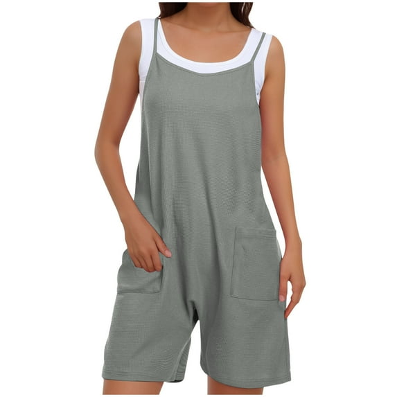 Diufon Womens Shorts Jumpsuit Square Neck Sleeveless Button Rompers Solid Color Bodysuits with Pockets